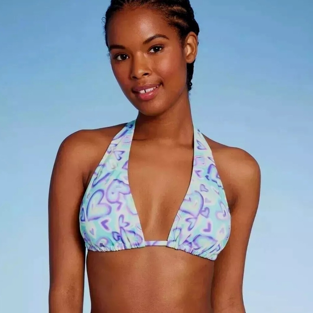 NWOT-Blue Purple Green-Heart Print Multicolor Halter Bikini Top